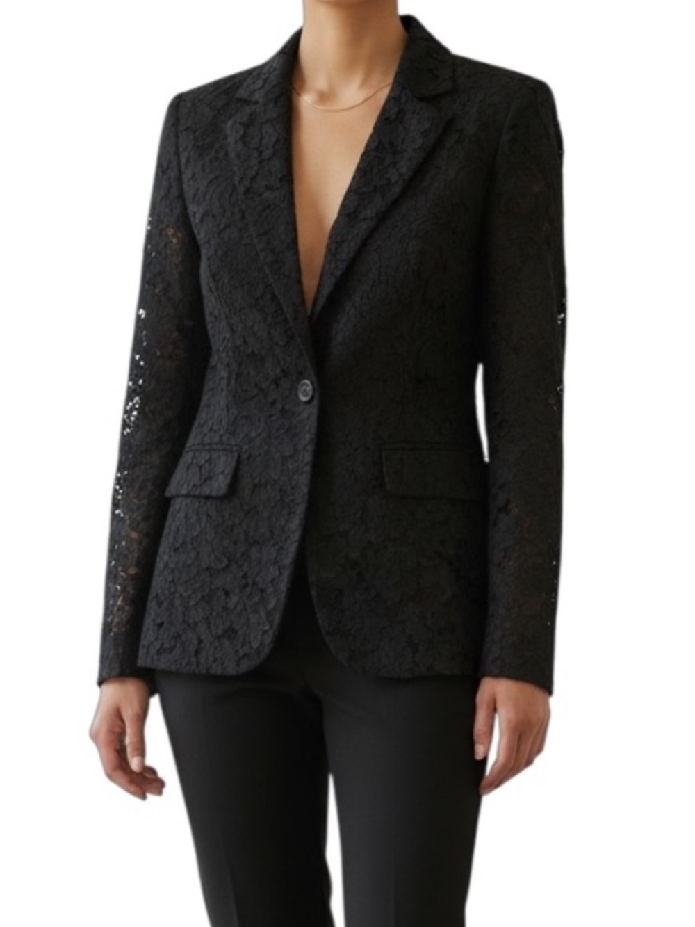ALICE + OLIVIA Black Lace Single-Button Closure Blazer Textured Faux Pockets 8